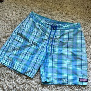 Vineyard Vines Mens Board Shorts Blue Plaid Bathing Suit Swim Trunks Size 36
